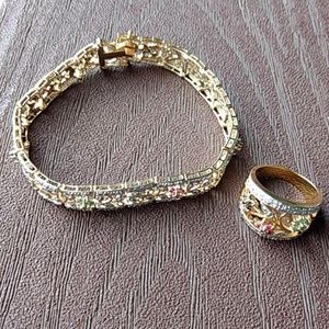 12k Gold-Plated Floral Jewel Ring & Bracelet Set